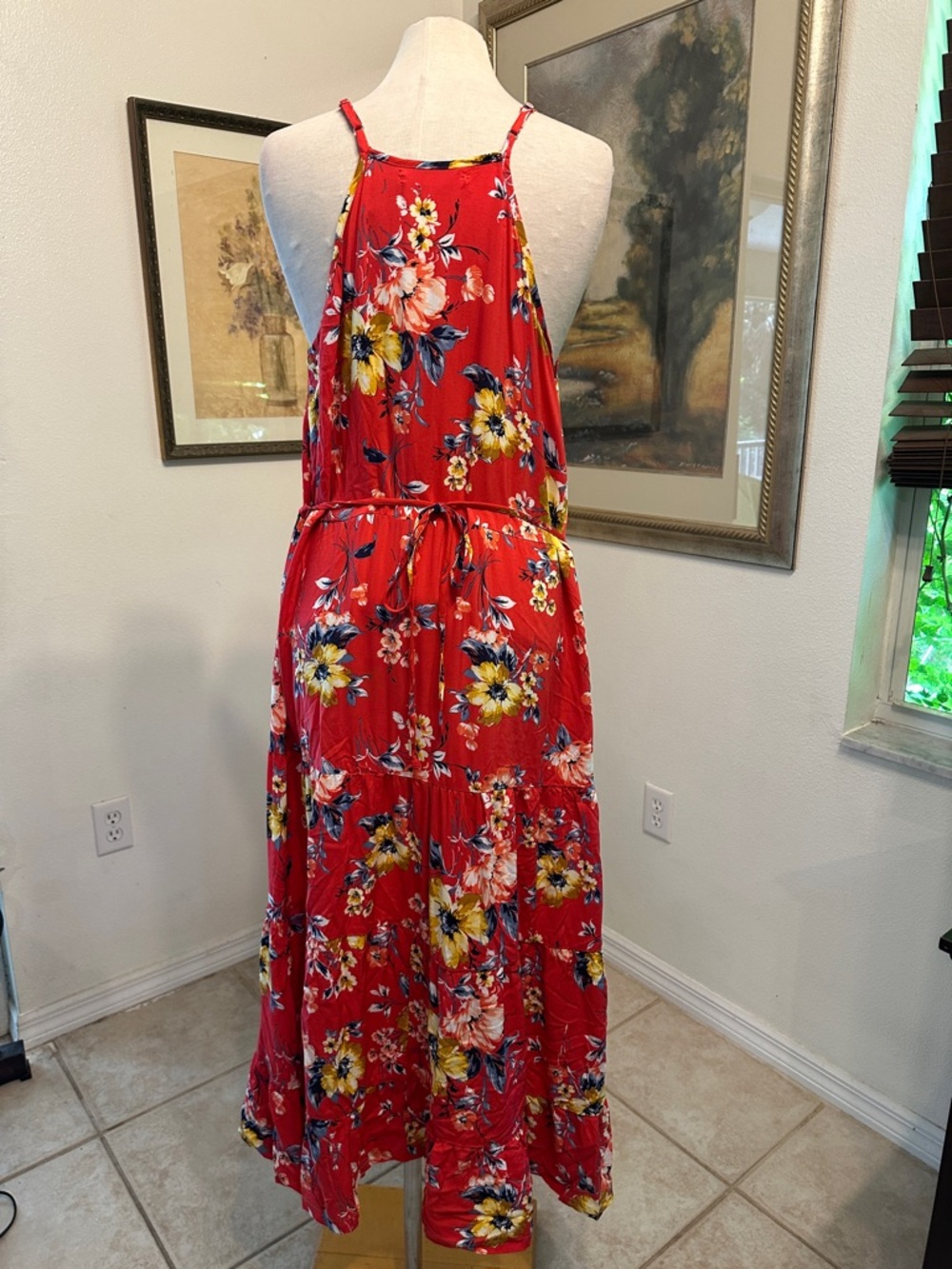 Band of Gypsies Red Floral Boho Maxi Dress w/Adjustable Straps Size Large - Picture 12 of 16